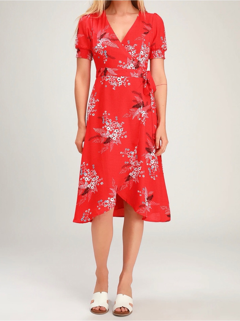 Lulus Women’s All the Sweetness Floral Print Puff Sleeve Midi Wrap Dress Size M